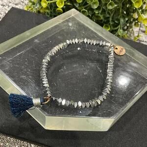 Erimish Silver Metallic Navy Tassel Stretch Bracelet